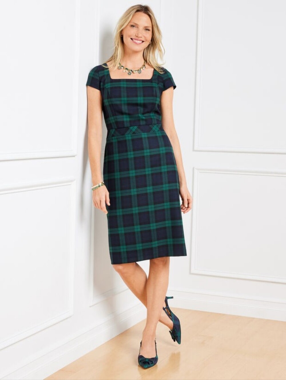 Talbots Plus Dashing Tartan Dress Green Navy Plaid Sz 16W Wool Blend Cap Sleeve
